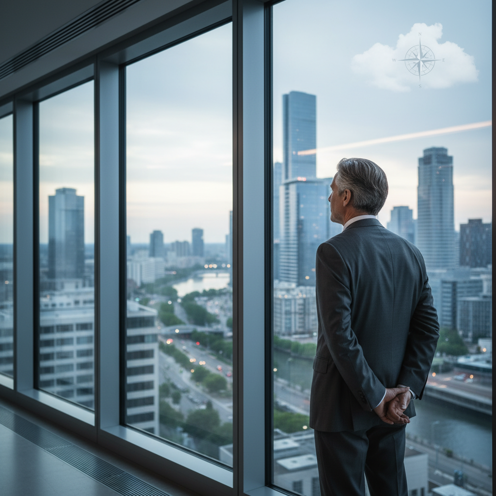 Ein Mann mittleren Alters blickt durch ein großes Fenster in eine ruhige, urbane Landschaft – Sinnbild für Reflexion, Klarheit und Orientierung