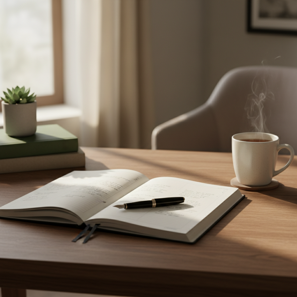 Schreibtisch mit aufgeschlagenem Notizbuch, Stift und einer Tasse – ruhige Arbeitsatmosphäre, die Wissen und Reflexion symbolisiert
