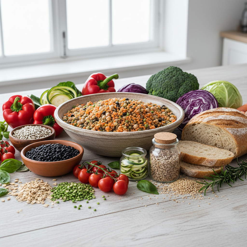 Verschiedene frische Zutaten auf einem hellen Holztisch – Gemüse, Hülsenfrüchte und Vollkornprodukte als Sinnbild für ausgewogene Ernährung