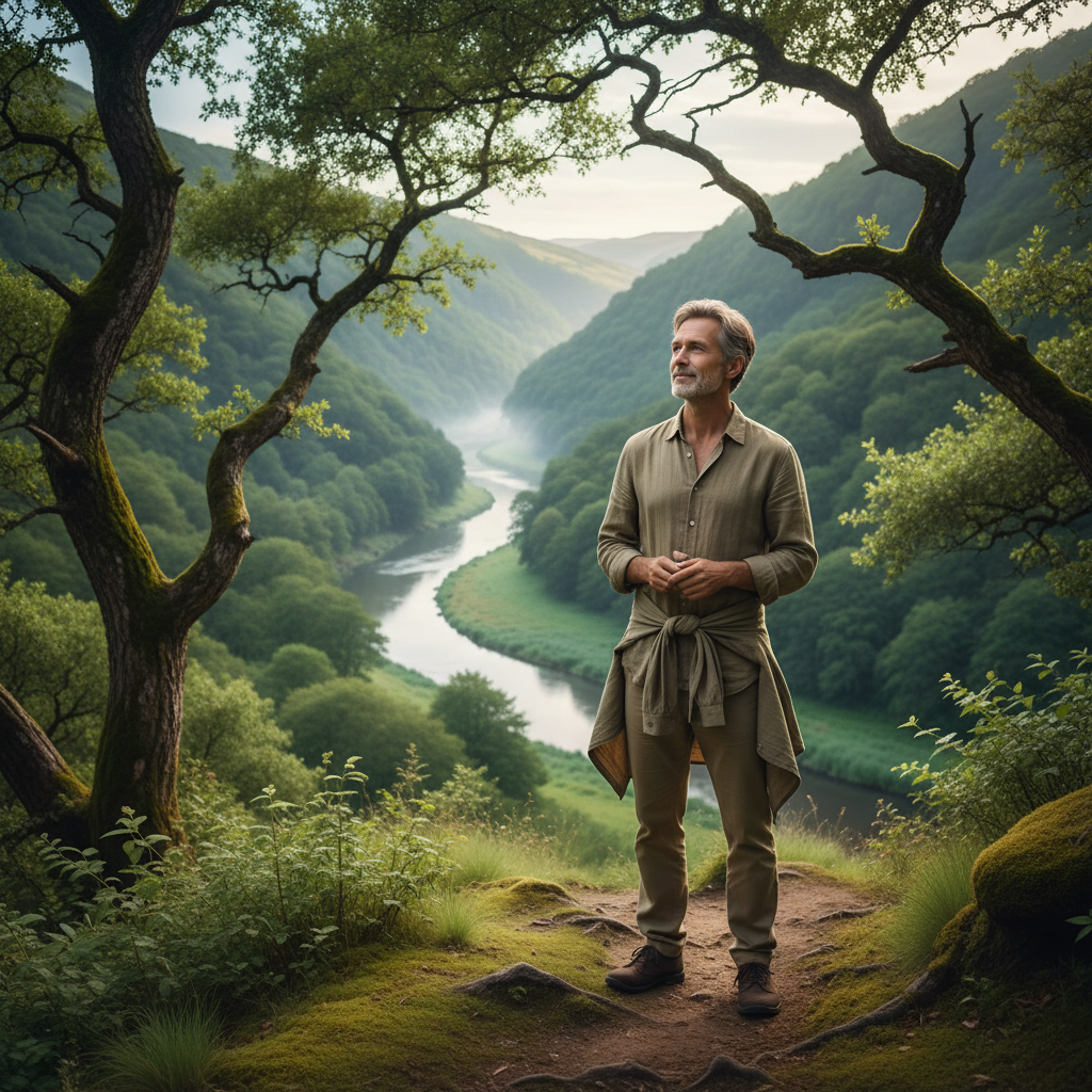 Ein Mann mittleren Alters steht in einer ruhigen, grünen Naturlandschaft und blickt nachdenklich in die Ferne – Sinnbild für bewussten Lebensstil und innere Balance