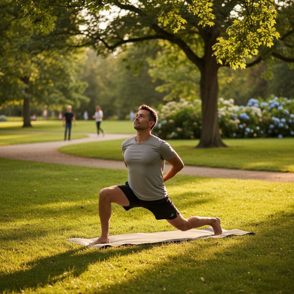 Ein Mann macht leichte Dehnübungen in einem sonnendurchfluteten Park – ruhige, alltägliche körperliche Aktivität im Freien