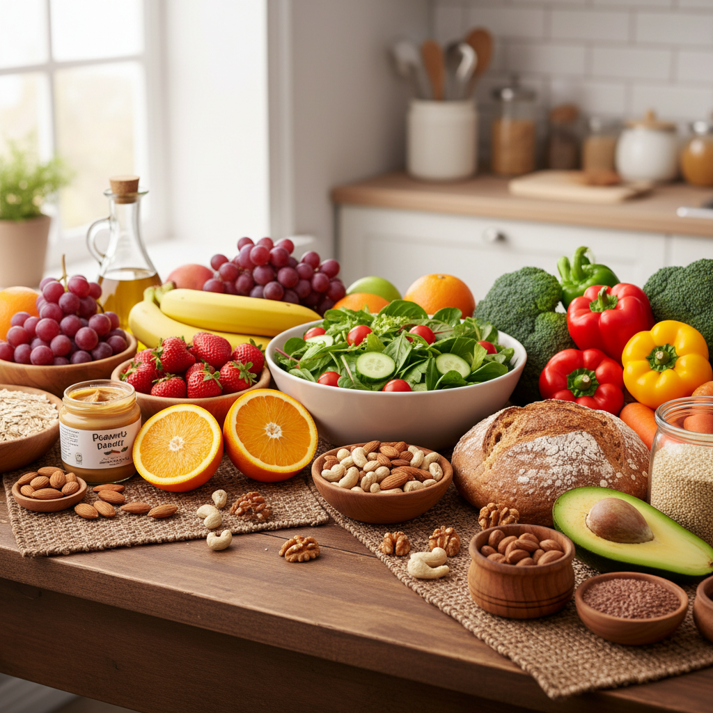 Ein Holztisch mit frischem Gemüse, Früchten, Nüssen und Vollkornprodukten – anschauliche Darstellung einer vielfältigen, ausgewogenen Ernährung