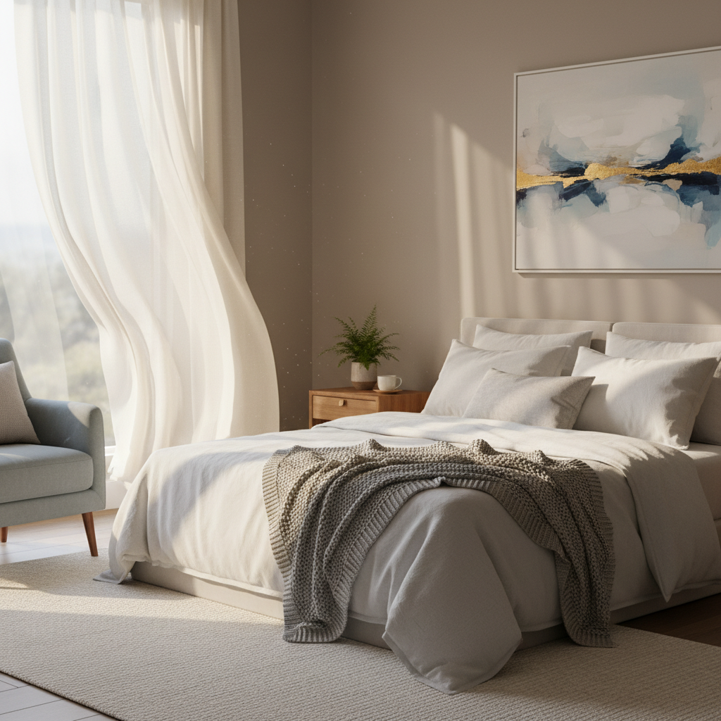 Ruhiges Schlafzimmer mit weichem Morgenlicht durch einen Vorhang – Sinnbild für erholsamen Schlaf und Regeneration