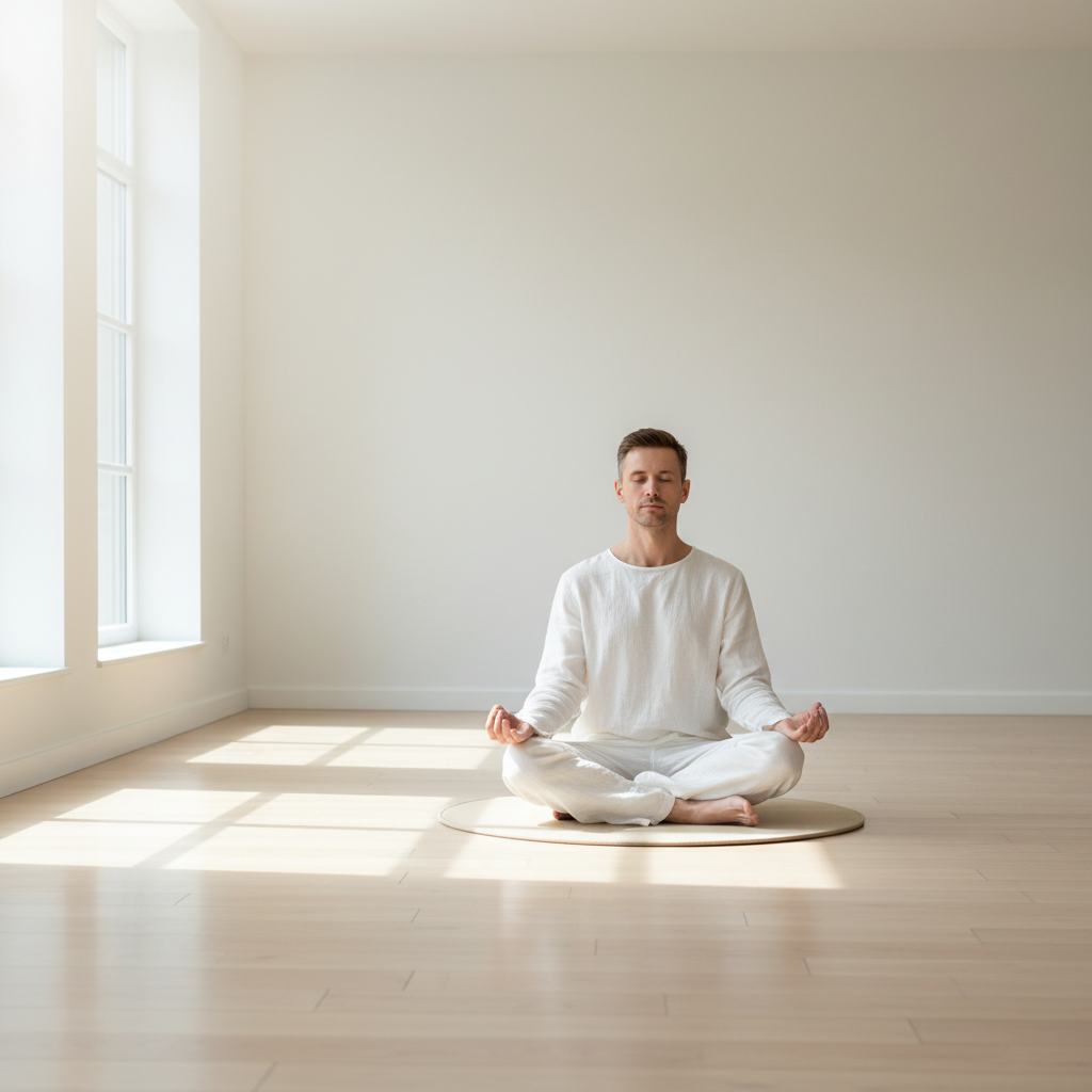 Ein Mann sitzt in ruhiger Meditationshaltung in einem hellen, minimalistischen Raum – Darstellung von Stressmanagement und mentaler Ruhe
